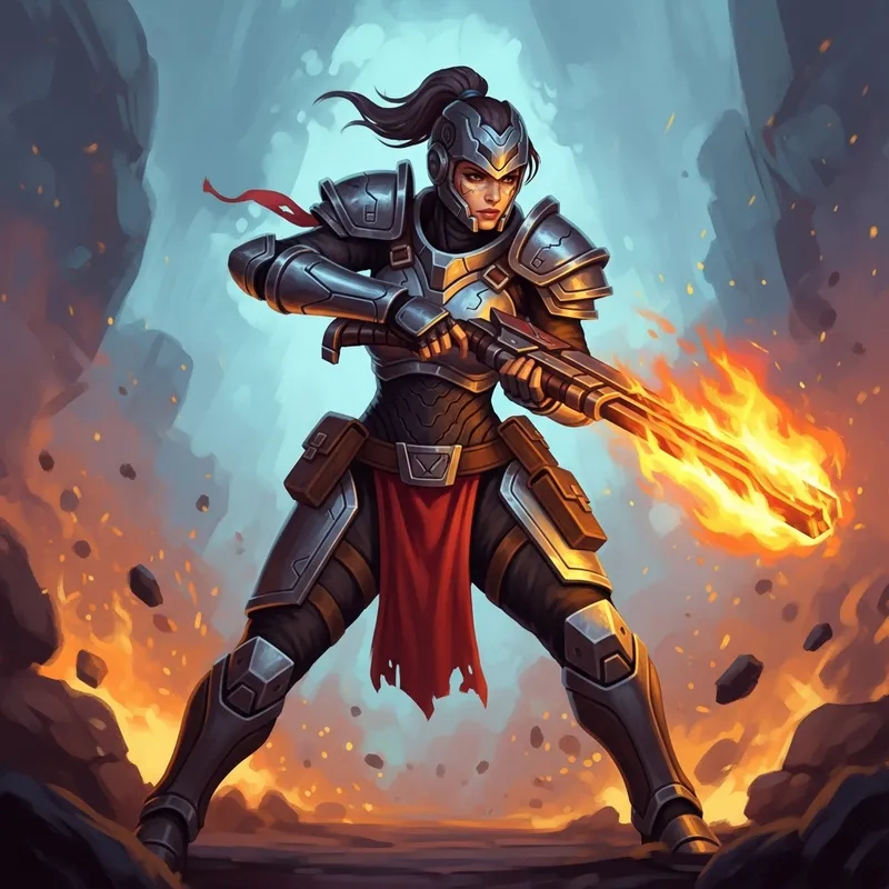 Female Warrior in Futuristic Armor with Blazing Weapon