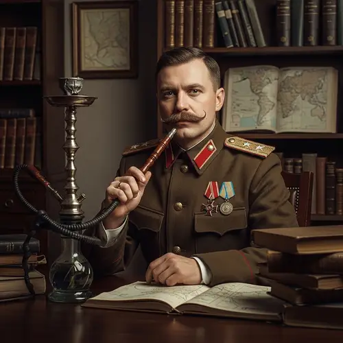 Historical Figure with Mustache Smoking Hookah in Vintage Setting