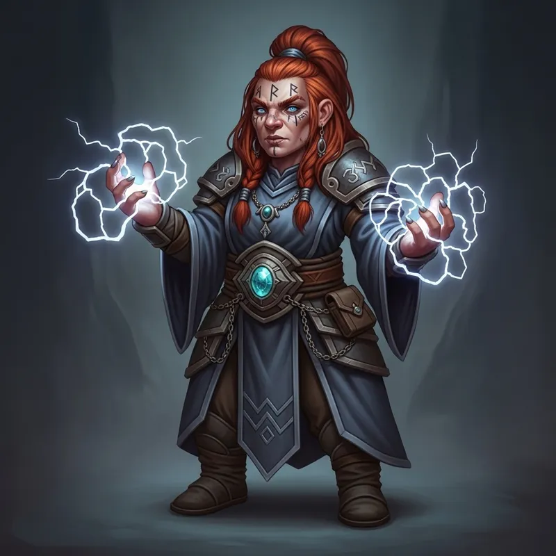 Red-Haired She-Dwarf Sorceress with Lightning Power and Gem Necklace