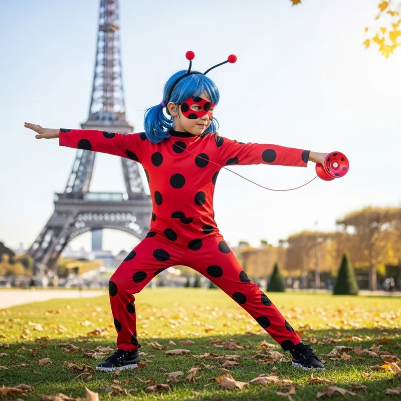 Adventurous Child in Lady Bug Costume vs. Villain at Eiffel Tower