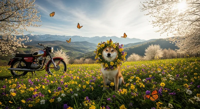 Springtime in Slovakia: Blooming Trees, Sunshine, and Shiba Inu with Wildflower Wreath