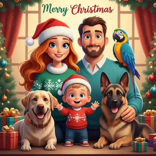 Christmas Themed Family Portrait Illustration with Vivacious Colors