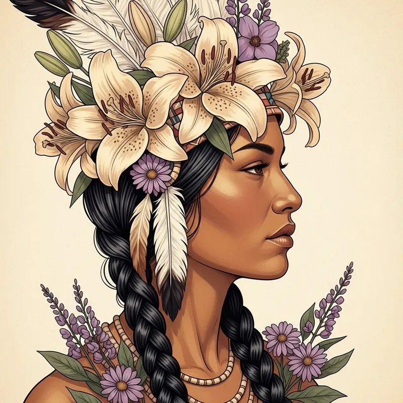 Beautiful Vintage Portrait of Brown Skin Woman with Floral Hair Accents