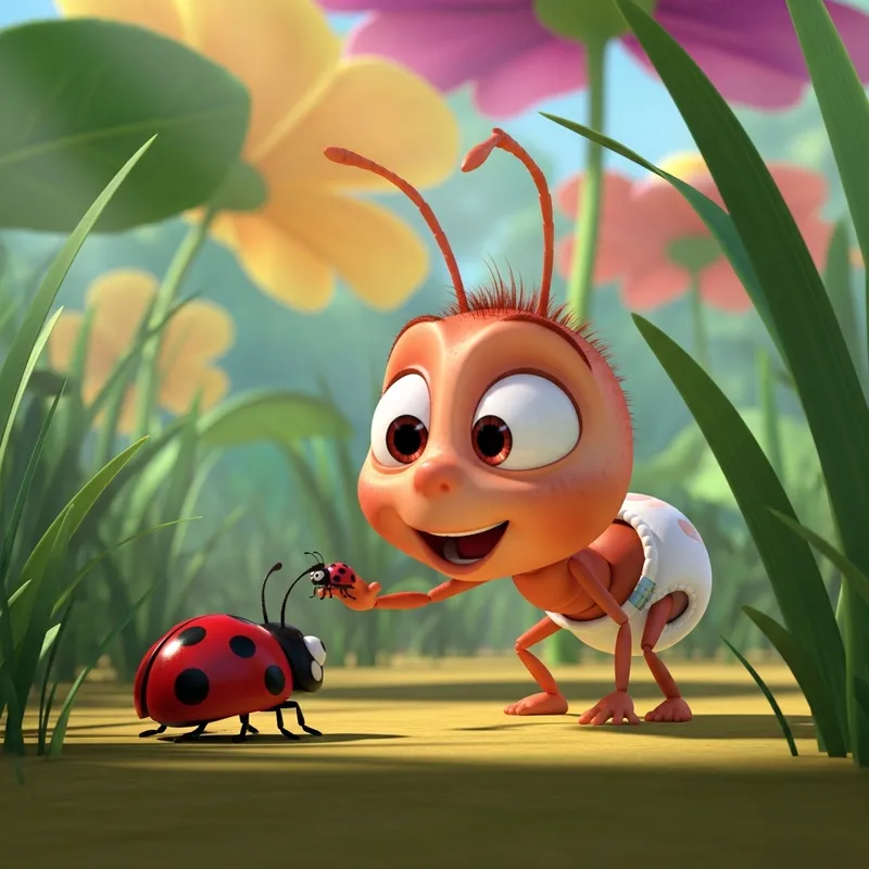 Inquisitive Cartoon Ant Child in Diapers | Playful Scene