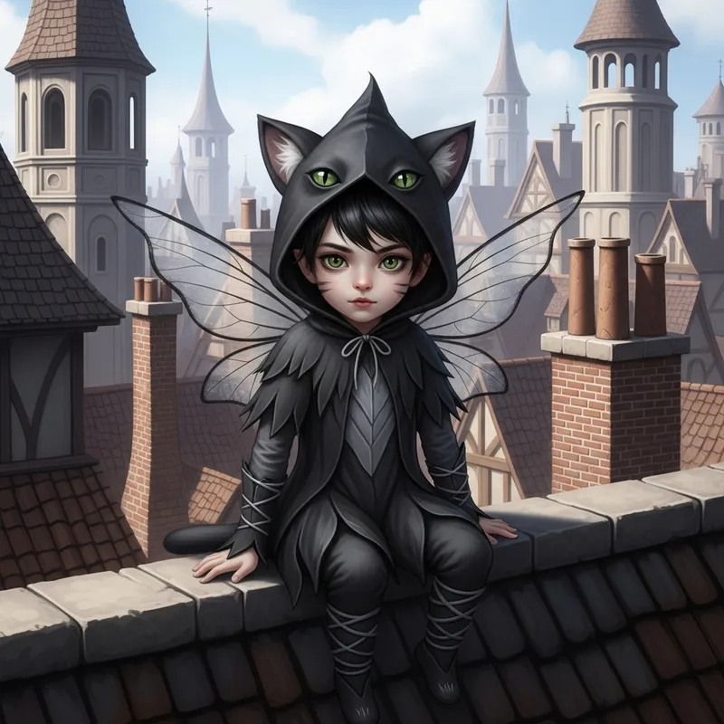 Enchanting Black Cat Fairy Boy on Medieval Rooftop