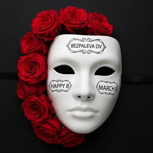 White Mask Surrounded by Red Roses | BEZPALEVA DV - HAPPY MARCH 8