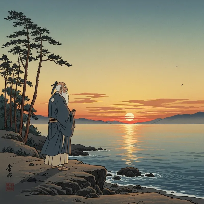 Tranquil Scene in Japanese Art | Sage Watching Sunset Tranquil Scene in Japanese Art | Sage Watching Sunset