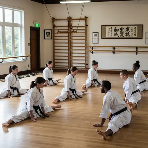 Diverse Male and Female Karateka Practicing Middle Split Exercise