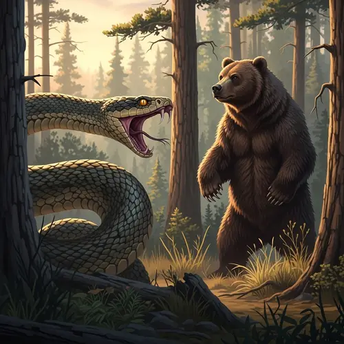 Wilderness Battle: Snake vs Bear - Tense Encounter in Forest