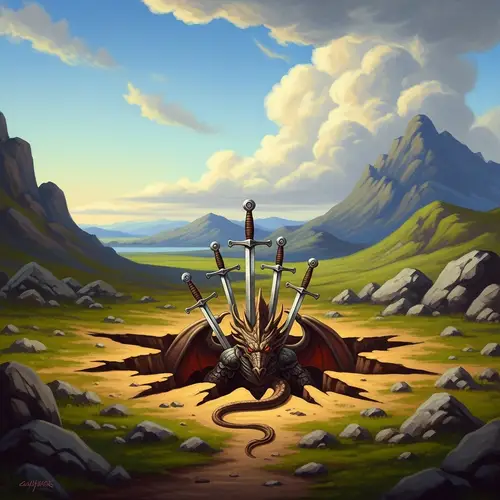 Symbolic Realism Landscape Art with Dragon and Swords