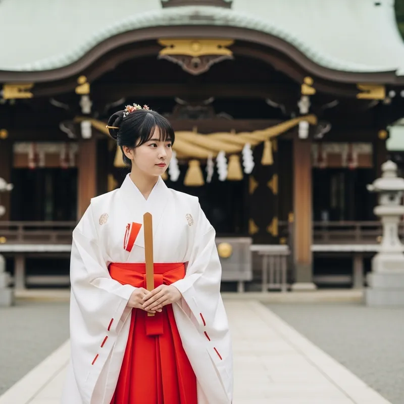 Japanese Miko Priestess at Serene Shinto Shrine