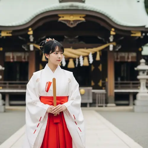 Japanese Miko Priestess in Traditional Attire at Shinto Shrine