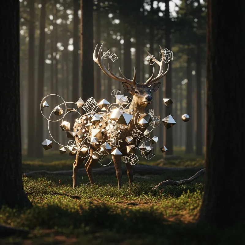 Realistic Majestic Deer with Metallic Geometric Shapes