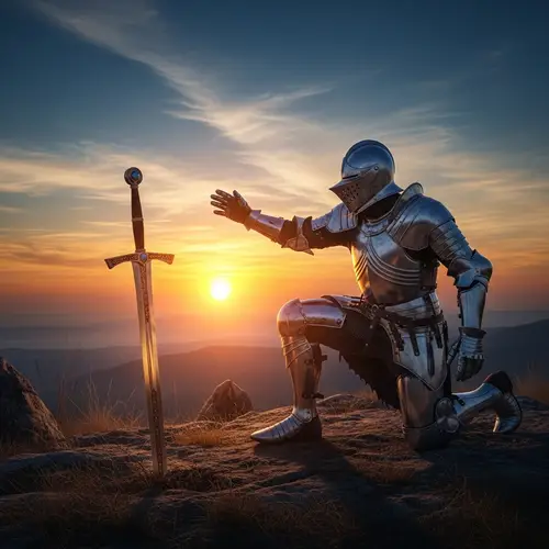 Knight Kneels at Sunrise Reaching for the Sun