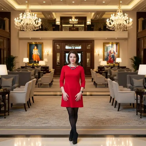 Woman in Red Dress & Black Tights | Hotel Lobby Scene