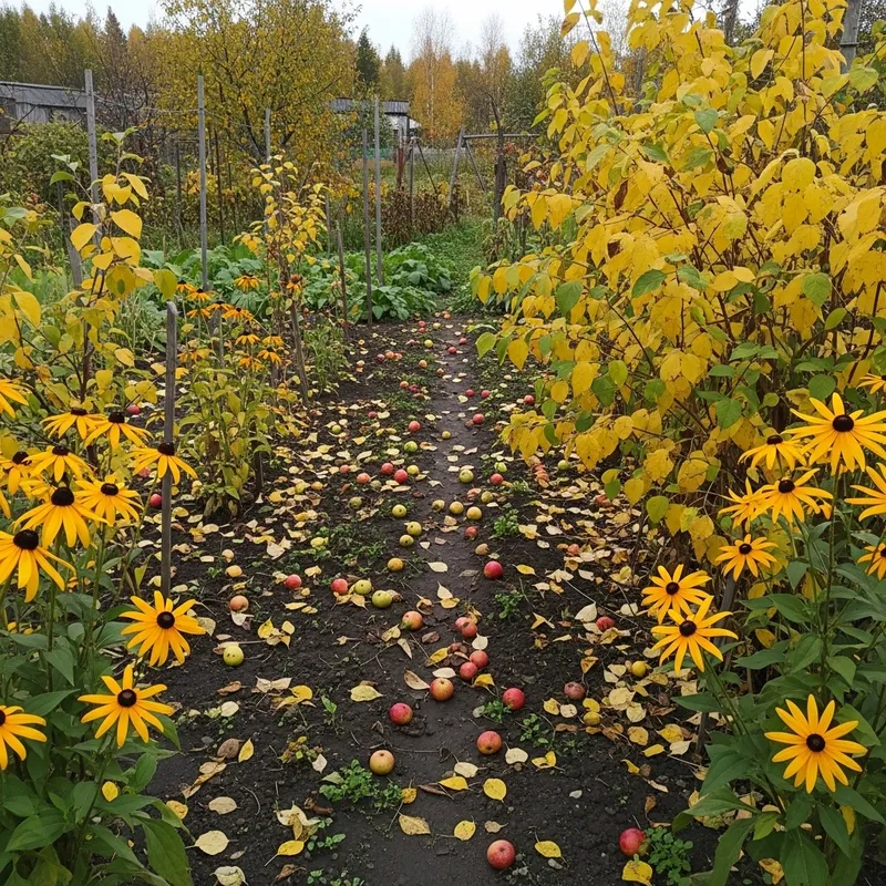 Crumbling Garden: Fallen Apples, Yellow Leaves, and Blooming Rudbeckias