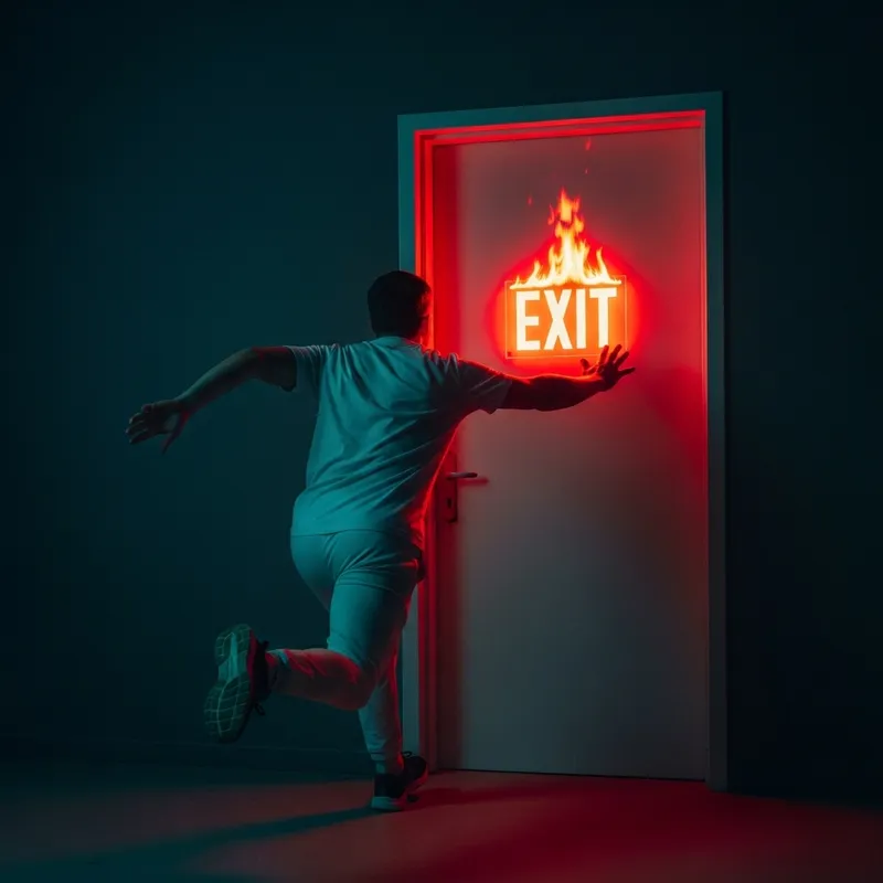 Man in White Running Towards Burning Red 'Exit' Sign Man in White Running Towards Burning Red 'Exit' Sign