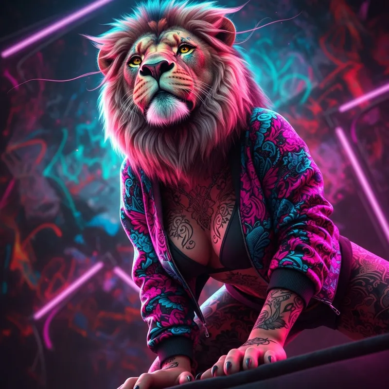 Sensual Lion in Futuristic Ink: A Vibrant Urban Masterpiece