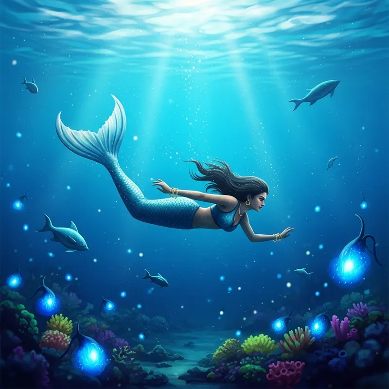 Surreal Underwater Scene with South Asian Mermaid Surreal Underwater Scene with South Asian Mermaid