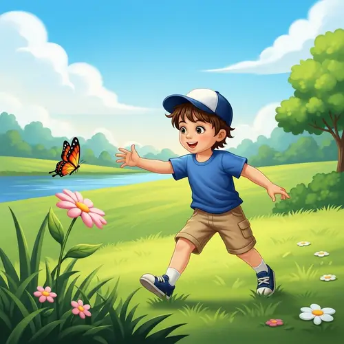 Young Boy Playing in Lush Green Park - Enthusiastic Adventure