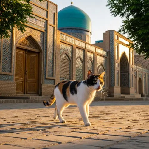 Three-Colored Street Cat Walking in Tashkent | Cute Cat Image