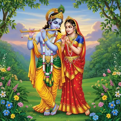 Radha Krishna Image in Verdant Garden - Divine Harmony Captured