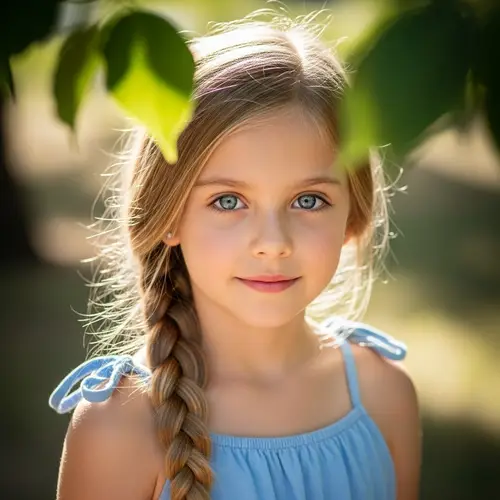 Young Russian Girl in Blue Sundress with Blonde Hair | Website Name