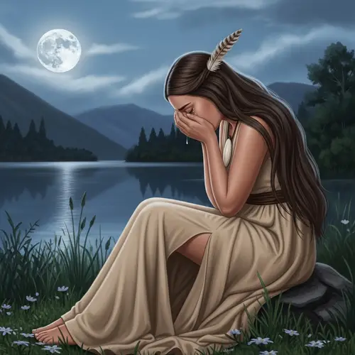 New Zealand Maori Maiden Weeping by Moonlit Lake