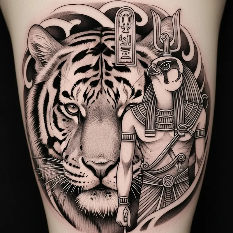 Detailed Tiger and Horus Tattoo Illustration