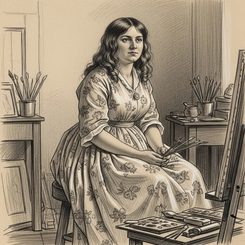 Vintage Charcoal Sketch of Woman in Floral Dress Vintage Charcoal Sketch of Woman in Floral Dress