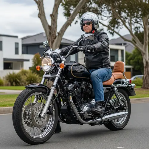 Middle-aged Eastern Asian Man Riding Classic-Style Motorbike