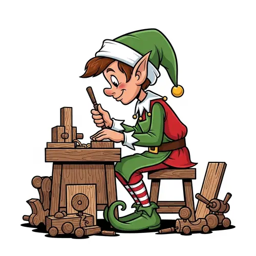 Cartoon Christmas Elf Carpenter Creating Wooden Toys