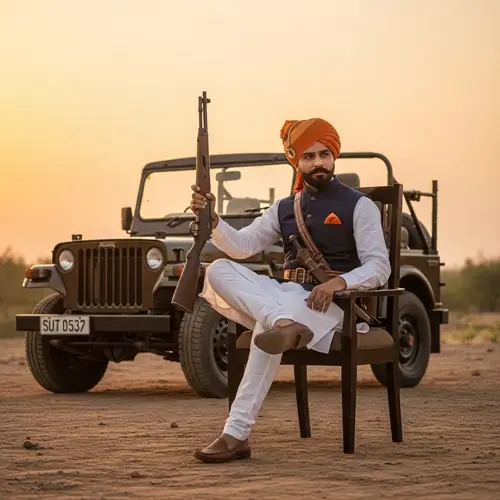 Indian Rajput Man with Rifle and Jeep