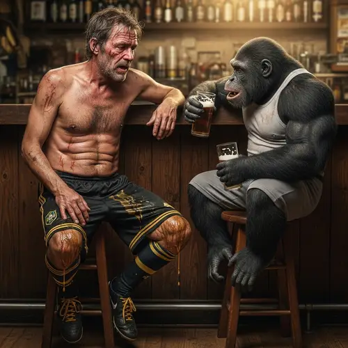 Alcoholic Man in Cantina with Muscular Ape - Surprising Encounter