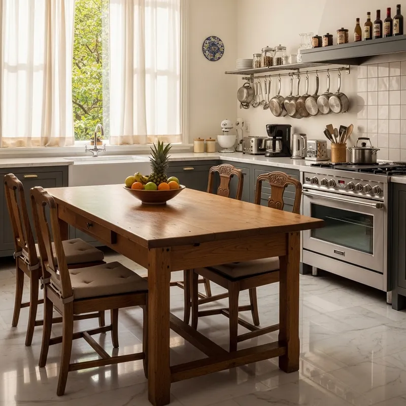 Cozy Kitchen Interior: Wood Table & Marble Floors