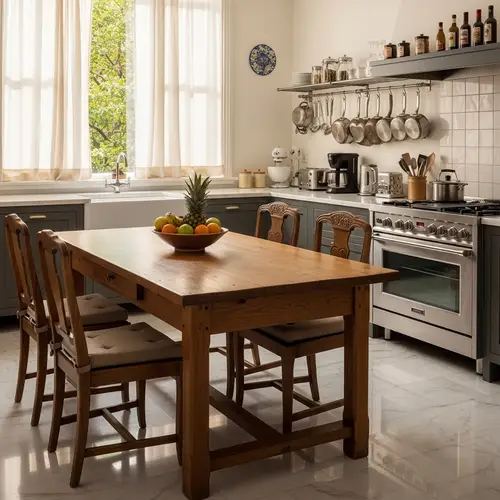 Gourmet Kitchen Interior: Wood Table & Marble Floors