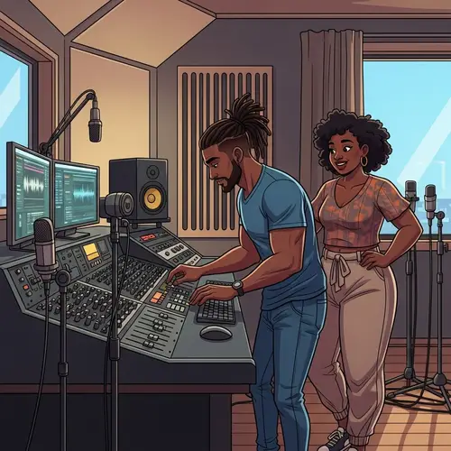 Cartoon Man with Dreadlocks in Recording Studio with Black Girlfriend