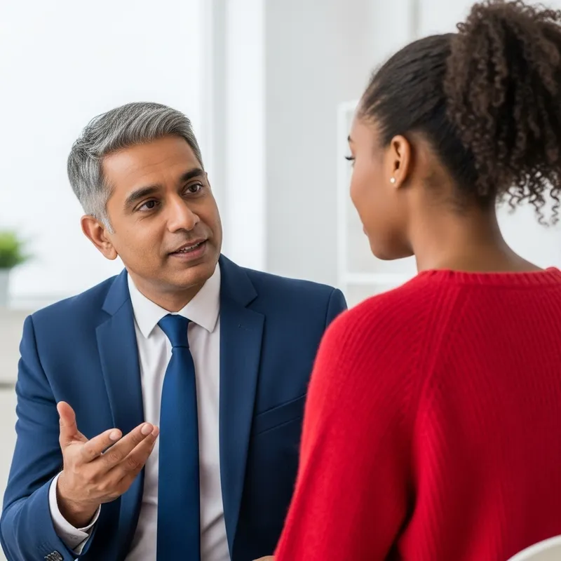 Middle-Aged Man Giving Advice to Younger Woman