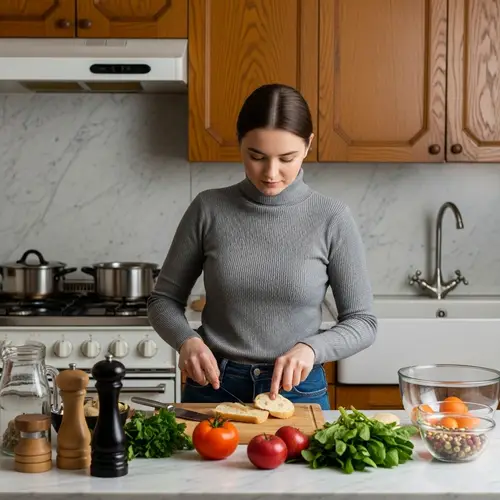 Young Caucasian Woman Cooking in Cozy Kitchen