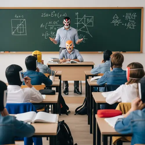 Unique Classroom with Wrestling Mask-Wearing Students