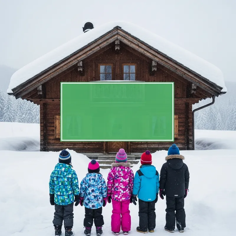 Snowy Chalet Scene with Kids in Warm Attire for Image Overlay