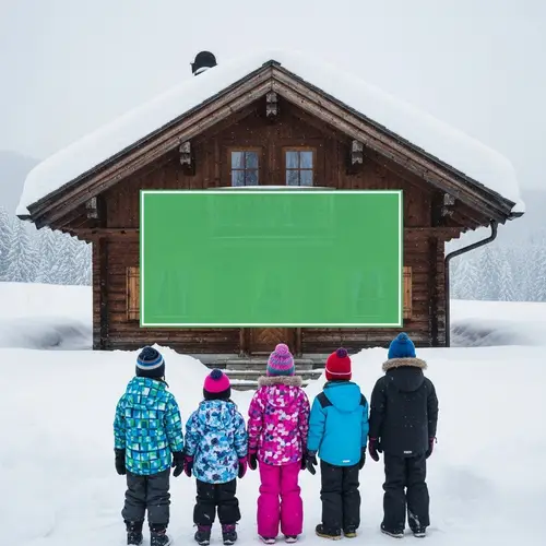 Cozy Snow-Covered Chalet with Children in Winter Landscape