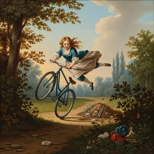 Realism Painting: Short Girl on Bike Accident in Park