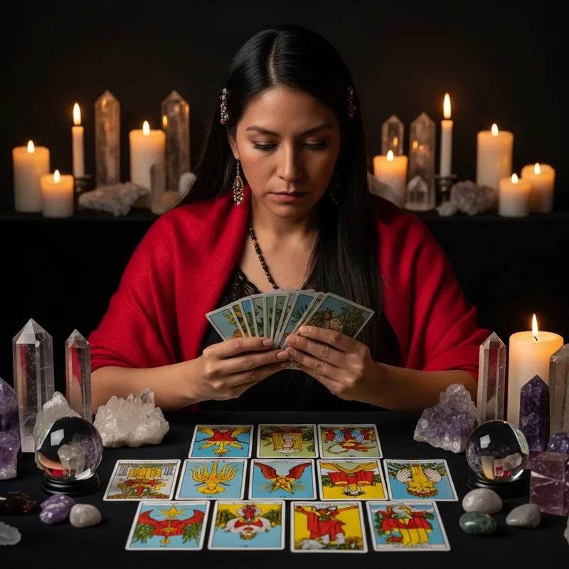 Hispanic Tarot Card Reader in Mystical Setting Hispanic Tarot Card Reader in Mystical Setting