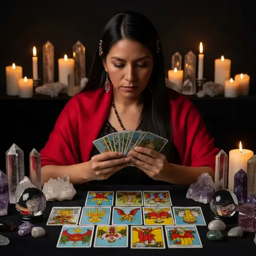 Hispanic Fortune Teller Using Tarot Cards in Dark Room