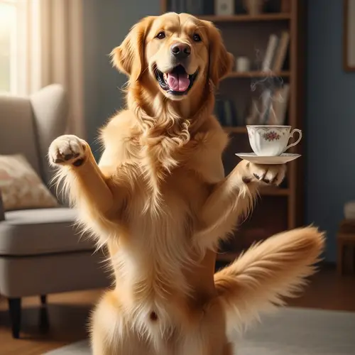 Happy Dancing Dog with a Cup of Tea | Playful and Adorable