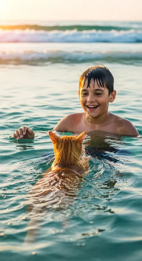 Ginger Cat Swimming with 12-Year-Old Boy in Realistic Scene