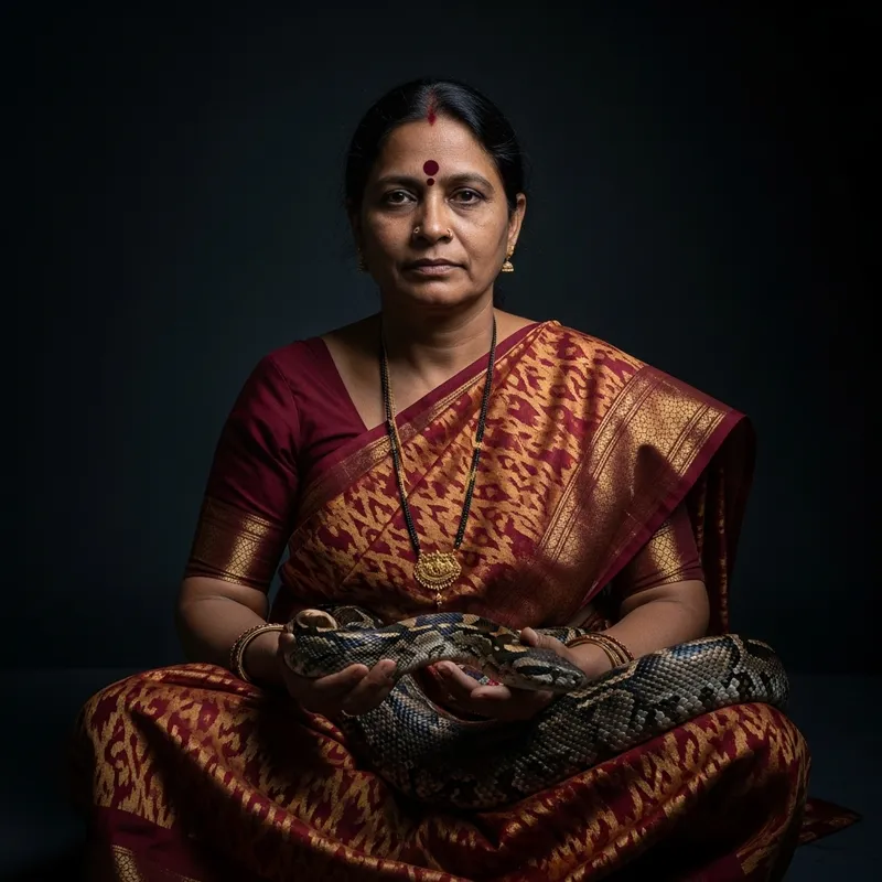 Calm Woman with Snake in Dim Lighting