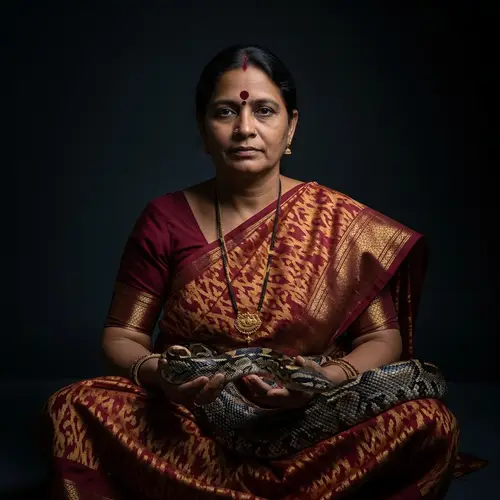 Calm Woman with Snake in Dim Lighting