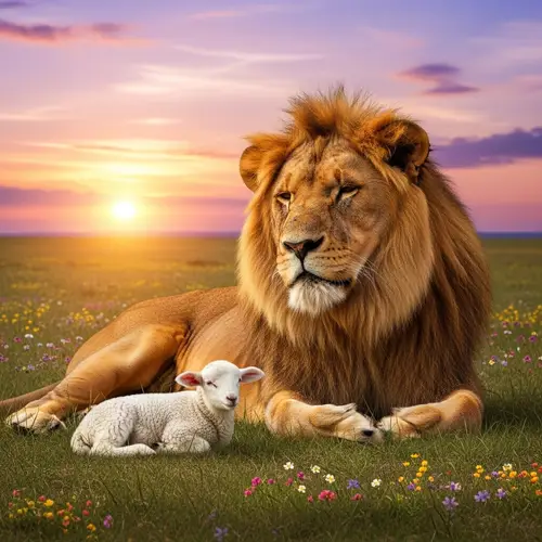 Majestic Lion Embraces Peaceful Bond with Baby Lamb